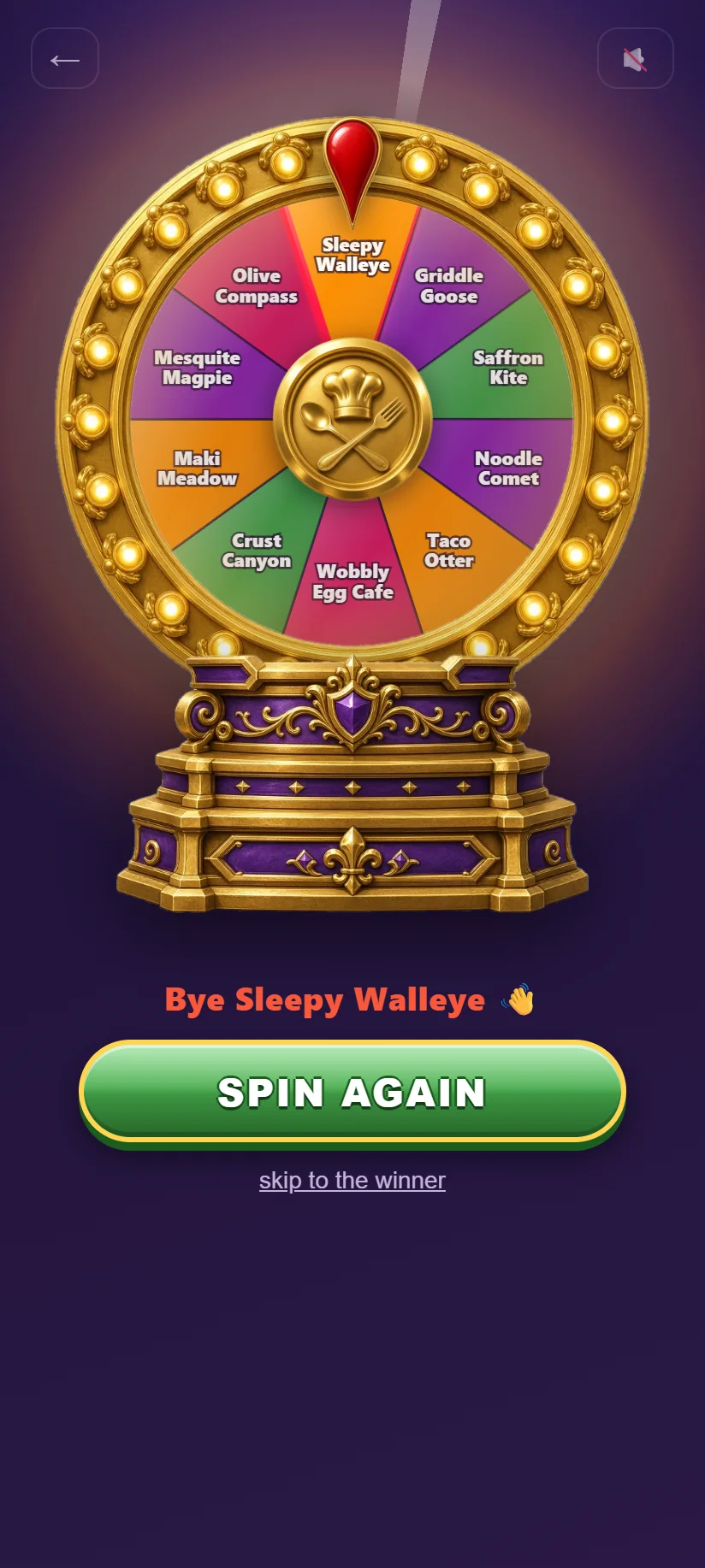 The wheel after a spin, with the message Bye Sleepy Walleye and a Spin again button.