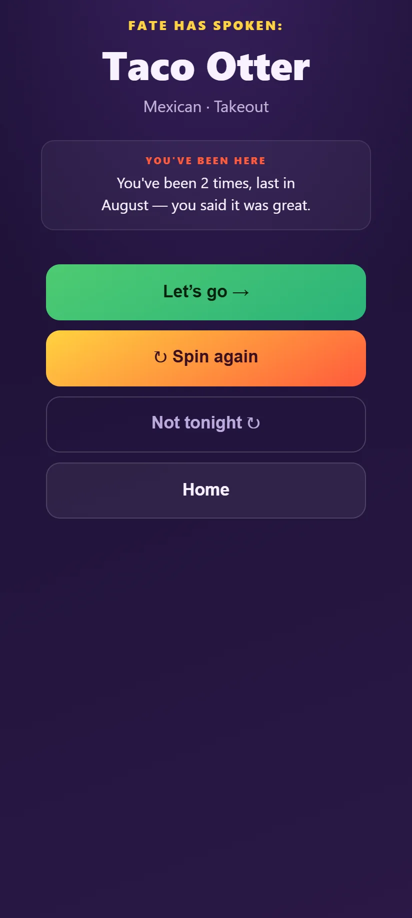 The result: Fate has spoken, Taco Otter, Mexican and Takeout, with a note reading You've been 2 times, last in August, you said it was great. Buttons: Let's go, Spin again, Not tonight, Home.